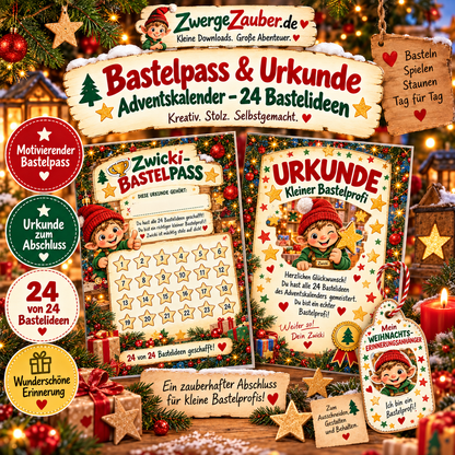Bastelpass und Abschlussurkunde für den Adventskalender mit 24 Weihnachts-Bastelideen von ZwergeZauber