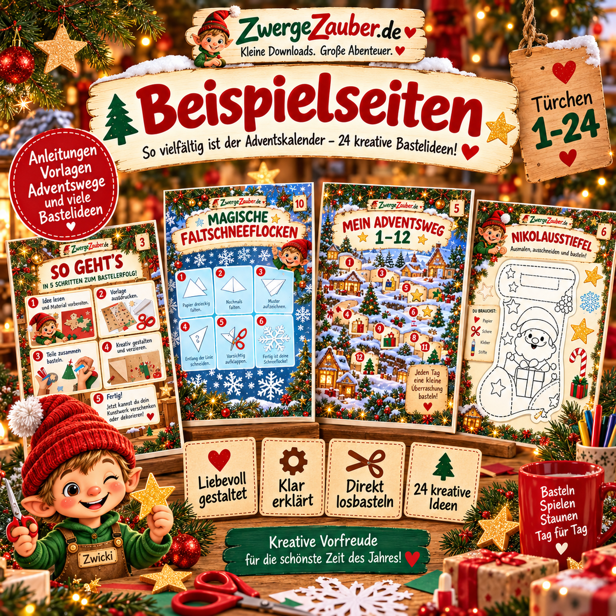 Beispielseiten aus dem Adventskalender mit 24 Bastelideen – Schneeflocken, Nikolausstiefel, Adventsweg und Bastelanleitungen