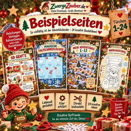 Beispielseiten aus dem Adventskalender mit 24 Bastelideen – Schneeflocken, Nikolausstiefel, Adventsweg und Bastelanleitungen