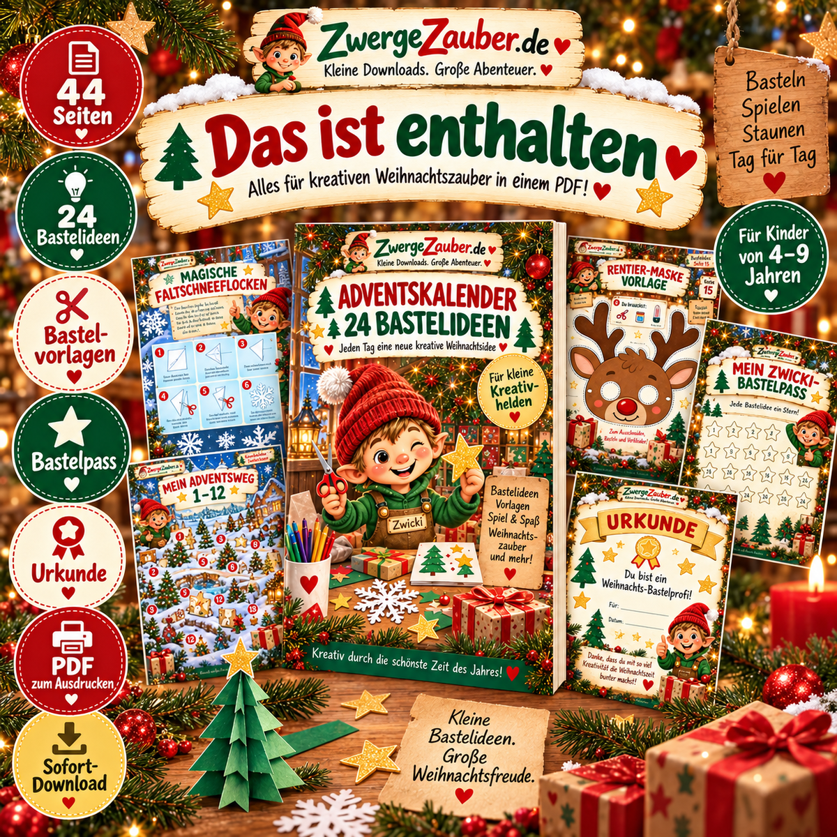 44 Seiten mit 24 Bastelideen, Bastelvorlagen, Adventsweg, Bastelpass und Urkunde für Kinder
