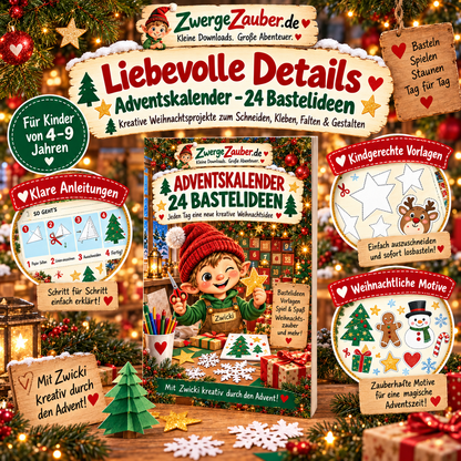 Weihnachtliche Bastelvorlagen mit klaren Anleitungen und kindgerechten Motiven im Adventskalender von ZwergeZauber
