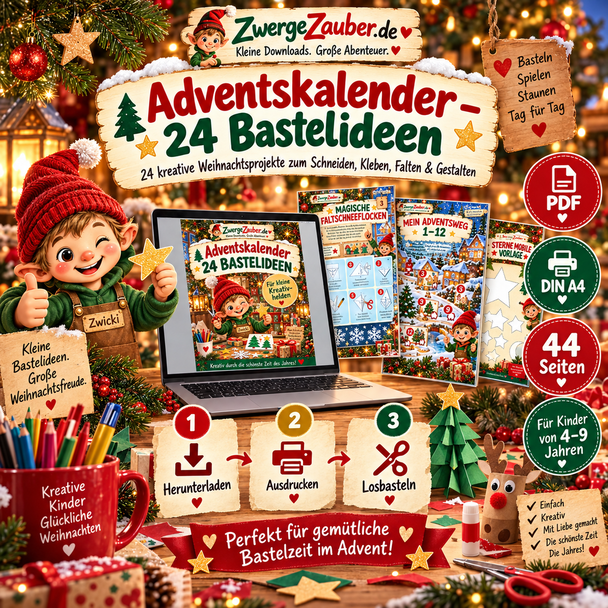 Adventskalender 24 Bastelideen als PDF Sofort-Download zum Ausdrucken und Basteln für Kinder