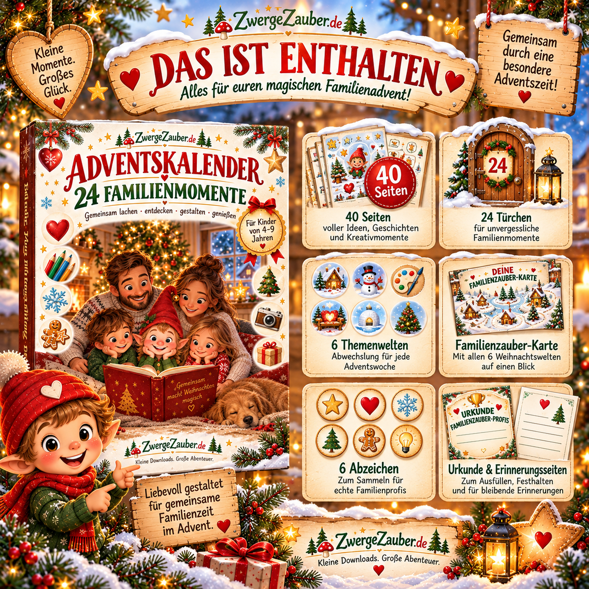 Inhalt des ZwergeZauber Adventskalenders mit 24 Familienmomenten, 40 Seiten, 6 Themenwelten, Abzeichen und Urkunde