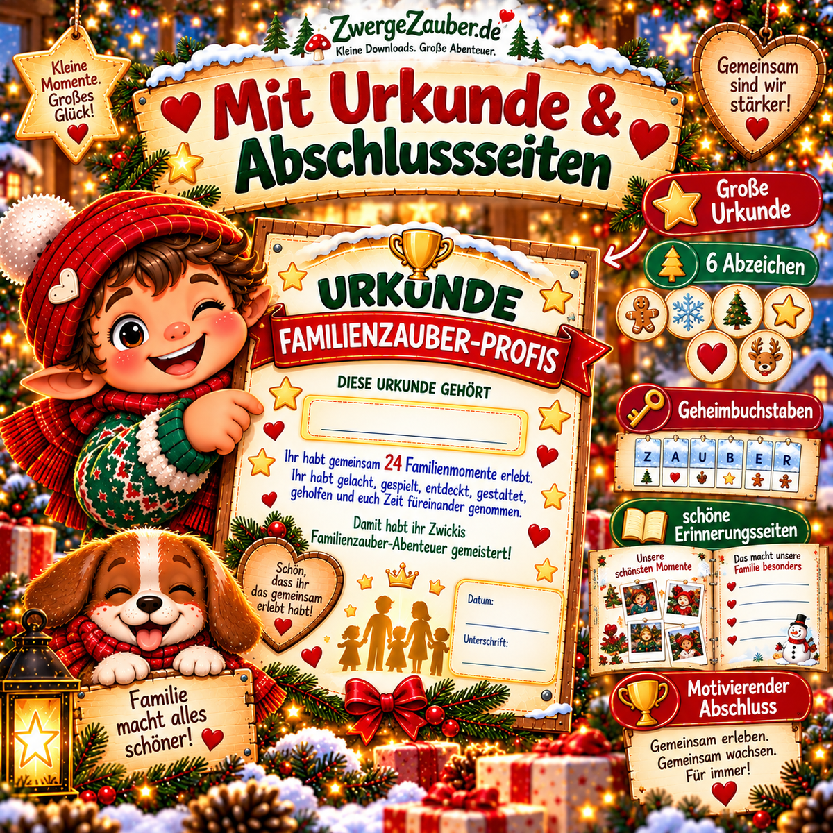 Familienzauber-Profi Urkunde, sechs Abzeichen und Erinnerungsseiten im ZwergeZauber Adventskalender für Familien