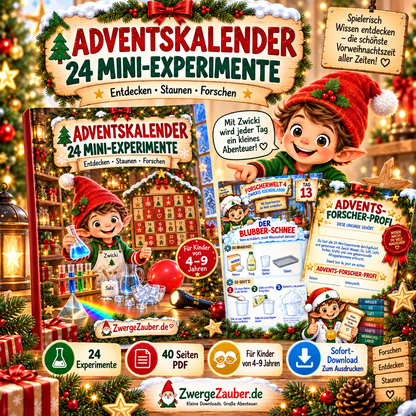 Adventskalender 24 Mini-Experimente für Kinder von 4 bis 9 Jahren – digitales Weihnachts-PDF von ZwergeZauber mit Zwicki