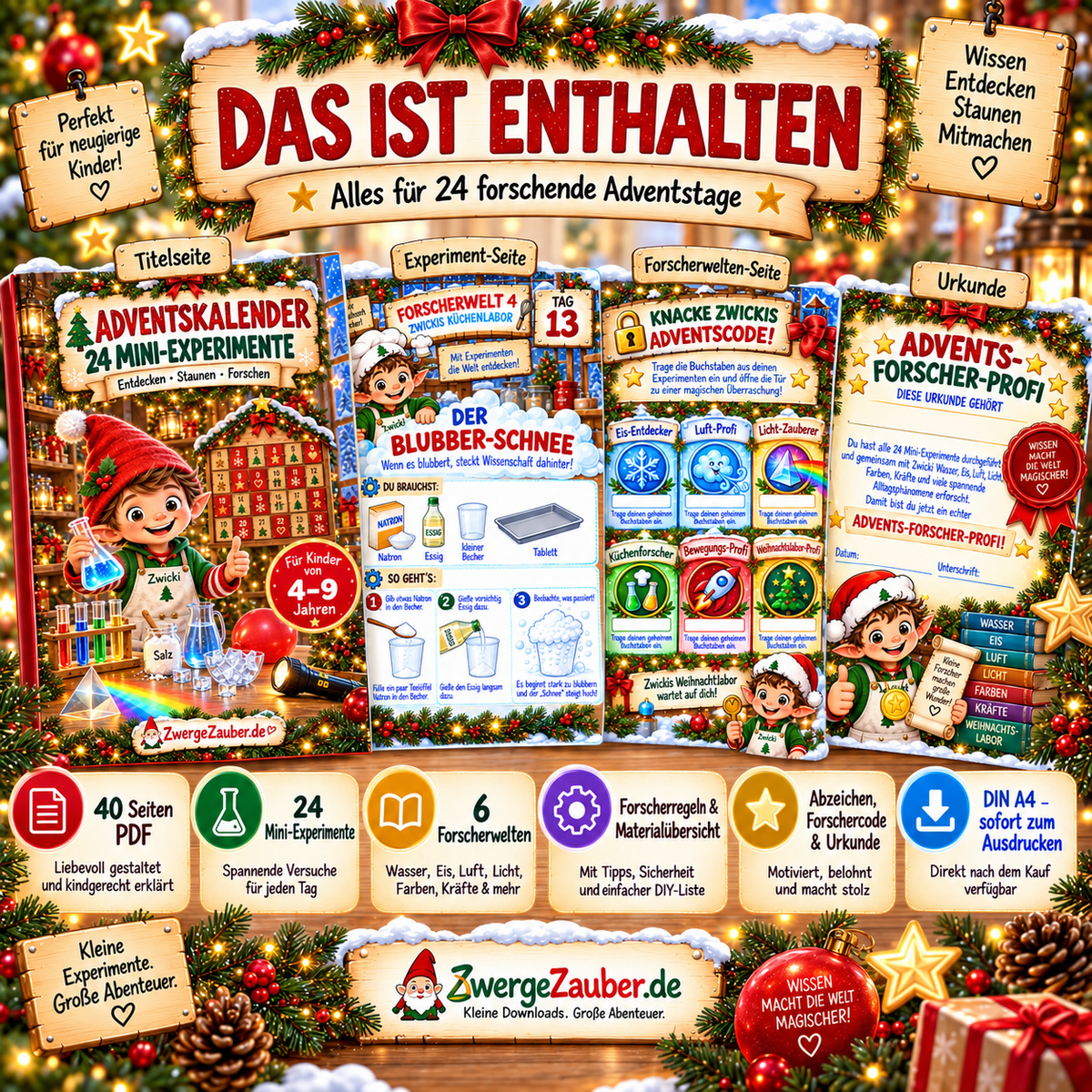 Das ist enthalten im Adventskalender mit 24 Mini-Experimenten – 40 Seiten, 6 Forscherwelten, Abzeichen und Urkunde