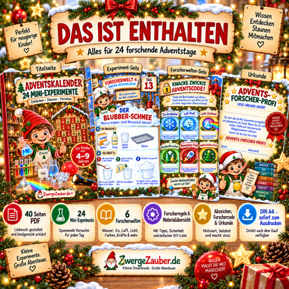 Das ist enthalten im Adventskalender mit 24 Mini-Experimenten – 40 Seiten, 6 Forscherwelten, Abzeichen und Urkunde