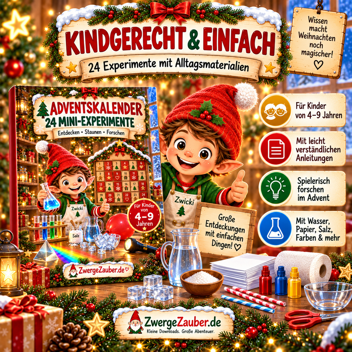 Kindgerechter Adventskalender mit 24 einfachen Experimenten aus Alltagsmaterialien für Kinder von 4 bis 9 Jahren