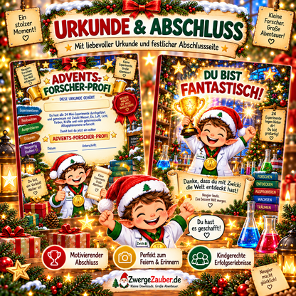 Advents-Forscher-Profi Urkunde und Abschlussseite für den ZwergeZauber Adventskalender mit 24 Kinderexperimenten