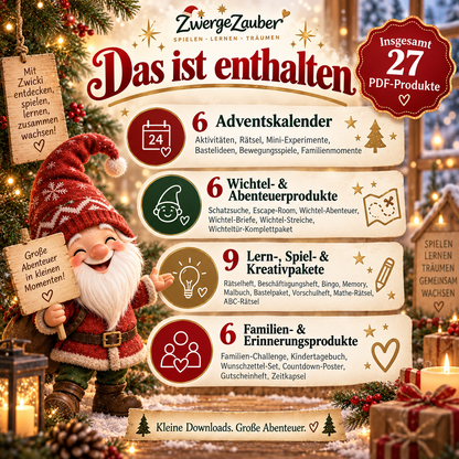 Übersicht der 27 Adventszauber-XXL-PDF-Produkte mit sechs Adventskalendern, sechs Wichtel- und Abenteuerpaketen, neun Lern- und Kreativpaketen sowie sechs Familienprodukten.