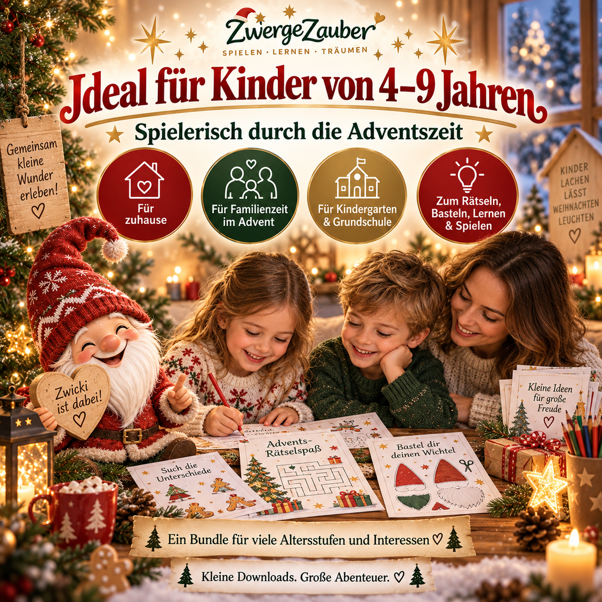 Kinder entdecken gemeinsam mit ihrer Familie die Adventszeit und lösen Weihnachtsrätsel. Adventszauber XXL bietet Bastel-, Lern- und Spielideen für Kinder von 4 bis 9 Jahren.