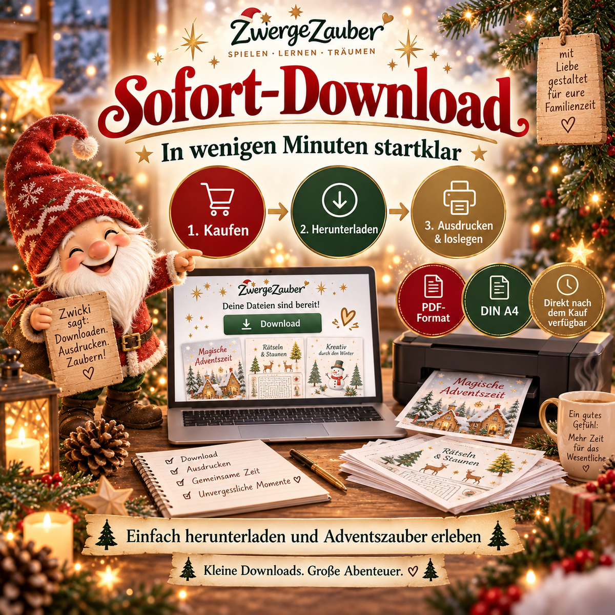 Adventszauber XXL als digitaler Sofort-Download zum Ausdrucken. PDF-Dateien im DIN-A4-Format mit Adventsaktivitäten, Weihnachtsrätseln und Bastelvorlagen für Kinder.