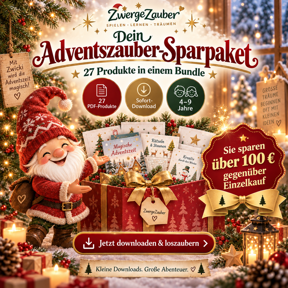 ZwergeZauber Adventszauber-XXL-Sparpaket mit 27 digitalen PDF-Produkten, Wichtel Zwicki und über 100 Euro Preisvorteil gegenüber dem Einzelkauf.