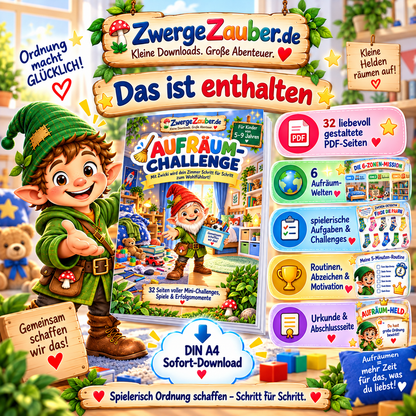 Das ist enthalten in der ZwergeZauber Aufräum-Challenge – 32 liebevoll gestaltete PDF-Seiten mit Aufräumwelten, Aufgaben, Routinen, Abzeichen und Urkunde