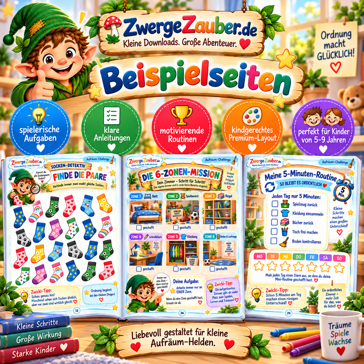 Beispielseiten der Aufräum-Challenge für Kinder mit Socken-Detektiv, 6-Zonen-Mission und 5-Minuten-Routine zum spielerischen Ordnung schaffen