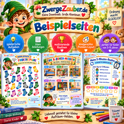 Beispielseiten der Aufräum-Challenge für Kinder mit Socken-Detektiv, 6-Zonen-Mission und 5-Minuten-Routine zum spielerischen Ordnung schaffen