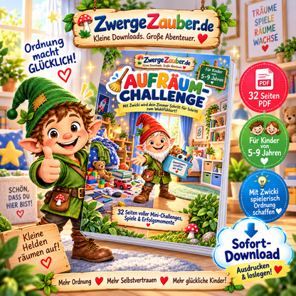 Aufräum-Challenge für Kinder von 5 bis 9 Jahren mit Zwicki – 32 Seiten PDF mit Mini-Challenges, Spielen und Erfolgsmomenten von ZwergeZauber.de