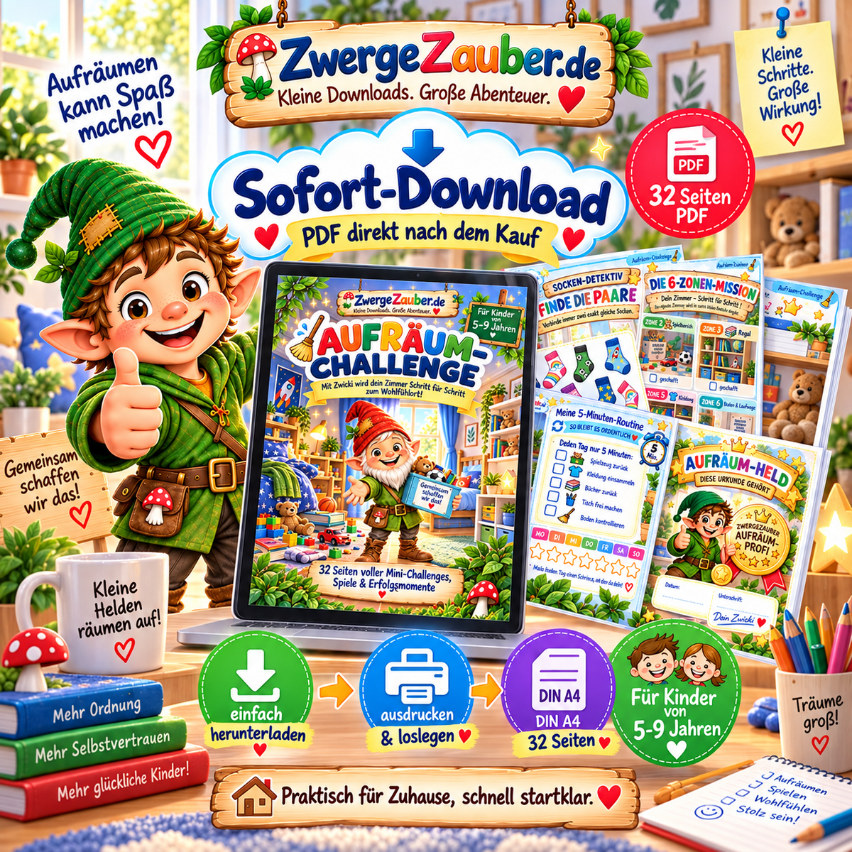 Aufräum-Challenge als sofortiger PDF-Download im DIN-A4-Format – 32 Seiten zum Ausdrucken für Kinder von 5 bis 9 Jahren