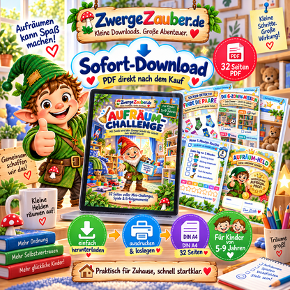 Aufräum-Challenge als sofortiger PDF-Download im DIN-A4-Format – 32 Seiten zum Ausdrucken für Kinder von 5 bis 9 Jahren