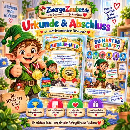 Aufräum-Held Urkunde und Abschlussseite der ZwergeZauber Aufräum-Challenge mit goldener Aufräum-Profi-Medaille für Kinder