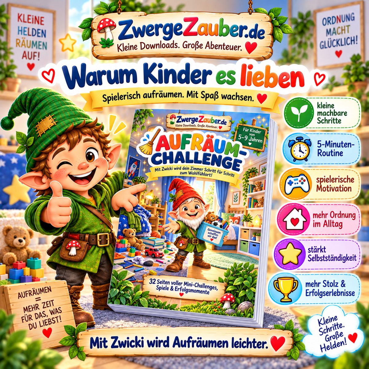 ZwergeZauber Aufräum-Challenge mit kleinen machbaren Schritten, 5-Minuten-Routine, spielerischer Motivation und Erfolgserlebnissen für Kinder