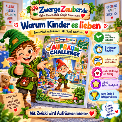 ZwergeZauber Aufräum-Challenge mit kleinen machbaren Schritten, 5-Minuten-Routine, spielerischer Motivation und Erfolgserlebnissen für Kinder