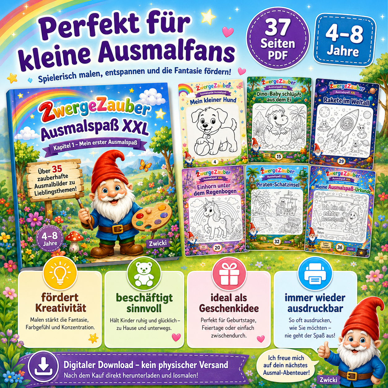 ZwergeZauber Ausmalheft als PDF zum Ausdrucken für kreativen Malspaß und fantasievolle Beschäftigung