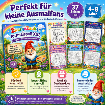 ZwergeZauber Ausmalheft als PDF zum Ausdrucken für kreativen Malspaß und fantasievolle Beschäftigung