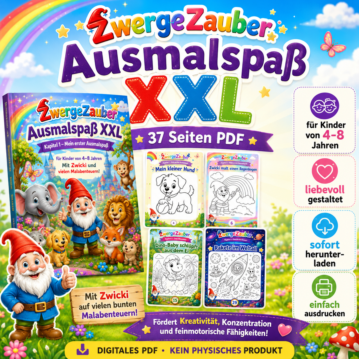 ZwergeZauber Ausmalspaß XXL mit 37 Seiten PDF für Kinder von 4 bis 8 Jahren mit Zwicki und verschiedenen Ausmalmotiven