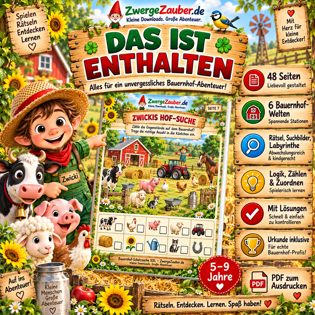 Bauernhof-Schatzsuche XXL mit 48 Seiten, sechs Bauernhof-Welten, Rätseln, Suchbildern, Labyrinthen, Lösungen und Urkunde