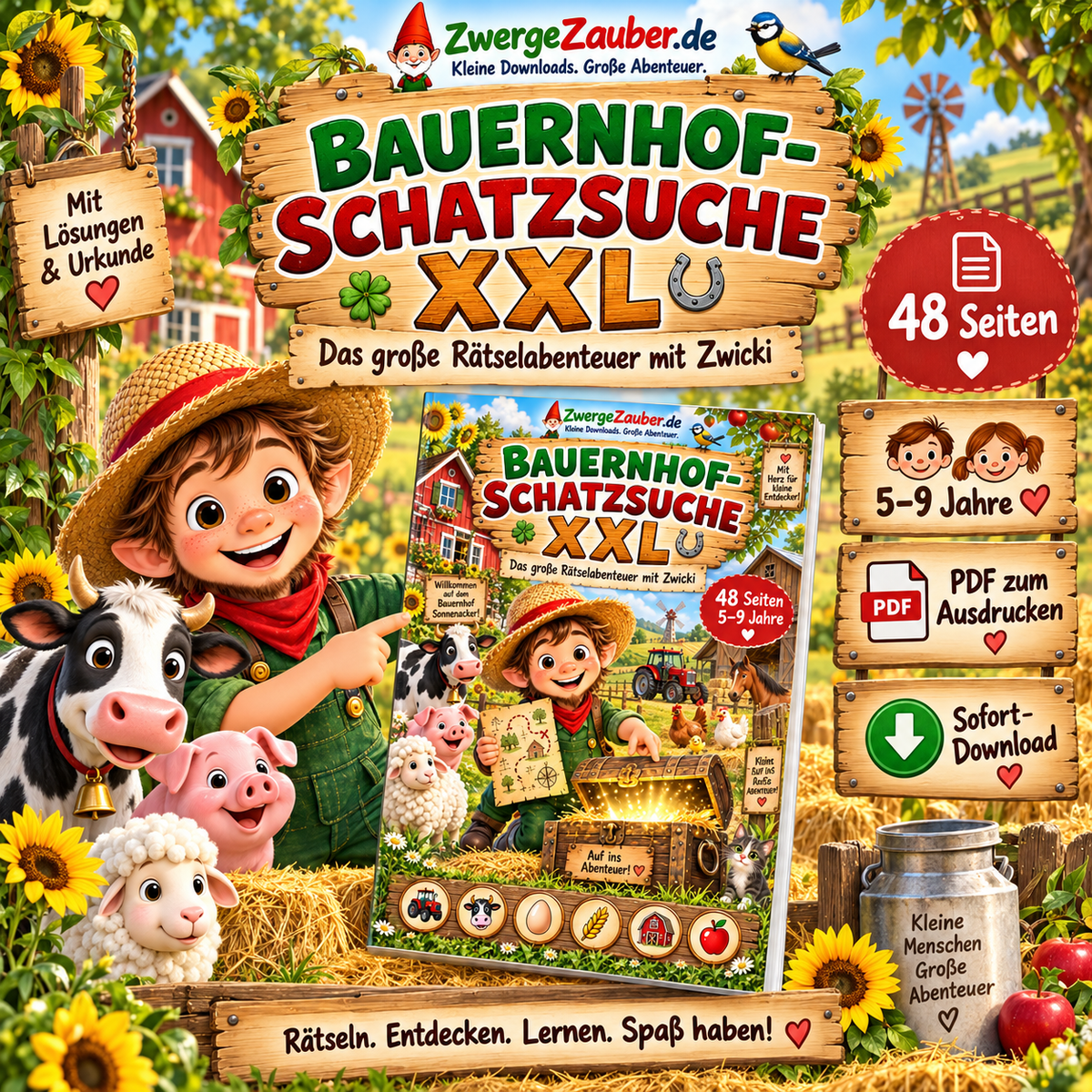 Bauernhof-Schatzsuche XXL als PDF für Kinder von 5 bis 9 Jahren mit Zwicki, 48 Seiten Rätselabenteuer zum Ausdrucken