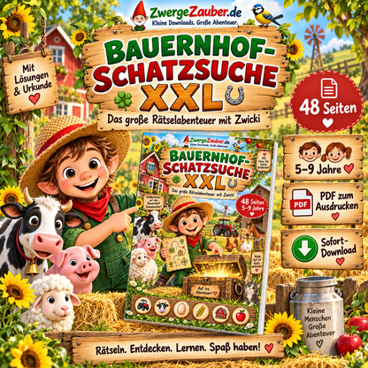 Bauernhof-Schatzsuche XXL als PDF für Kinder von 5 bis 9 Jahren mit Zwicki, 48 Seiten Rätselabenteuer zum Ausdrucken