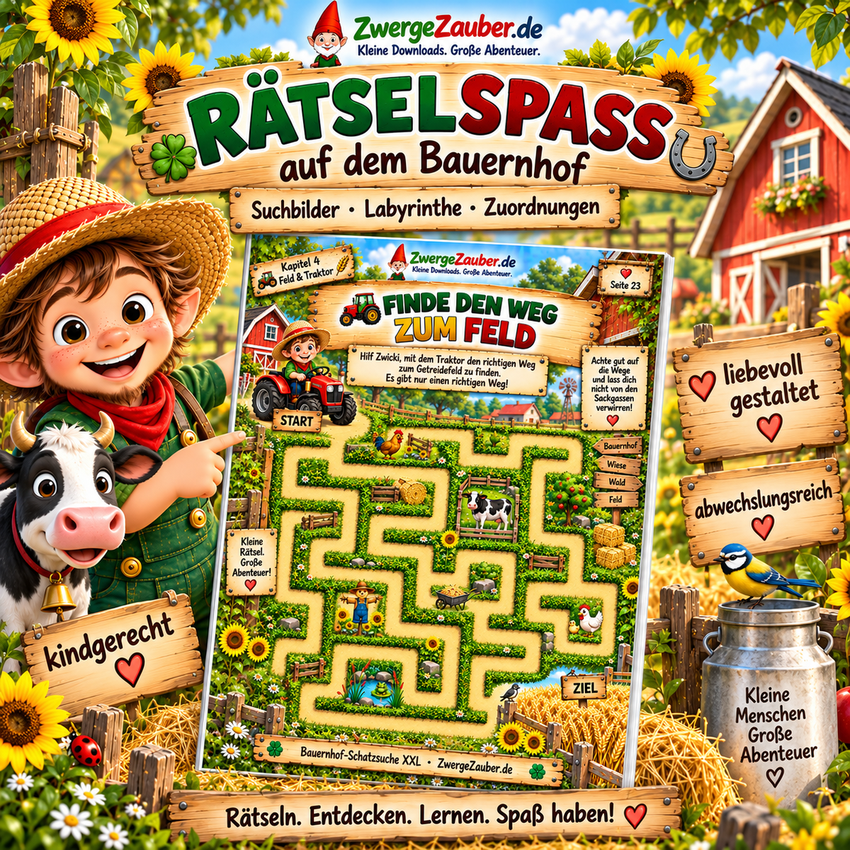 Bauernhof Rätselspaß für Kinder mit Labyrinthen, Suchbildern und Zuordnungsrätseln aus der Bauernhof-Schatzsuche XXL
