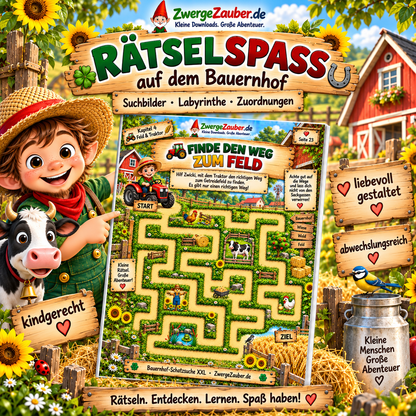 Bauernhof Rätselspaß für Kinder mit Labyrinthen, Suchbildern und Zuordnungsrätseln aus der Bauernhof-Schatzsuche XXL