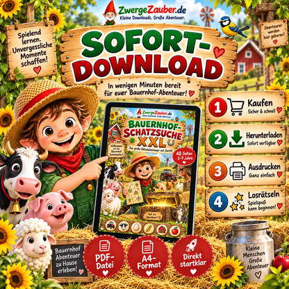 Bauernhof-Schatzsuche XXL als digitaler PDF Sofort-Download im A4 Format zum einfachen Ausdrucken zu Hause