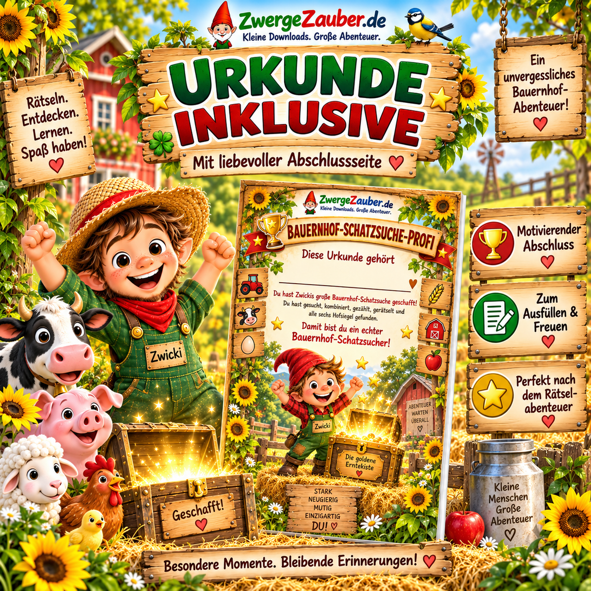 Bauernhof-Schatzsuche XXL mit Urkunde Bauernhof-Schatzsuche-Profi und hochwertiger Abschlussseite für Kinder