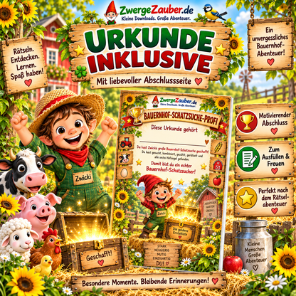 Bauernhof-Schatzsuche XXL mit Urkunde Bauernhof-Schatzsuche-Profi und hochwertiger Abschlussseite für Kinder