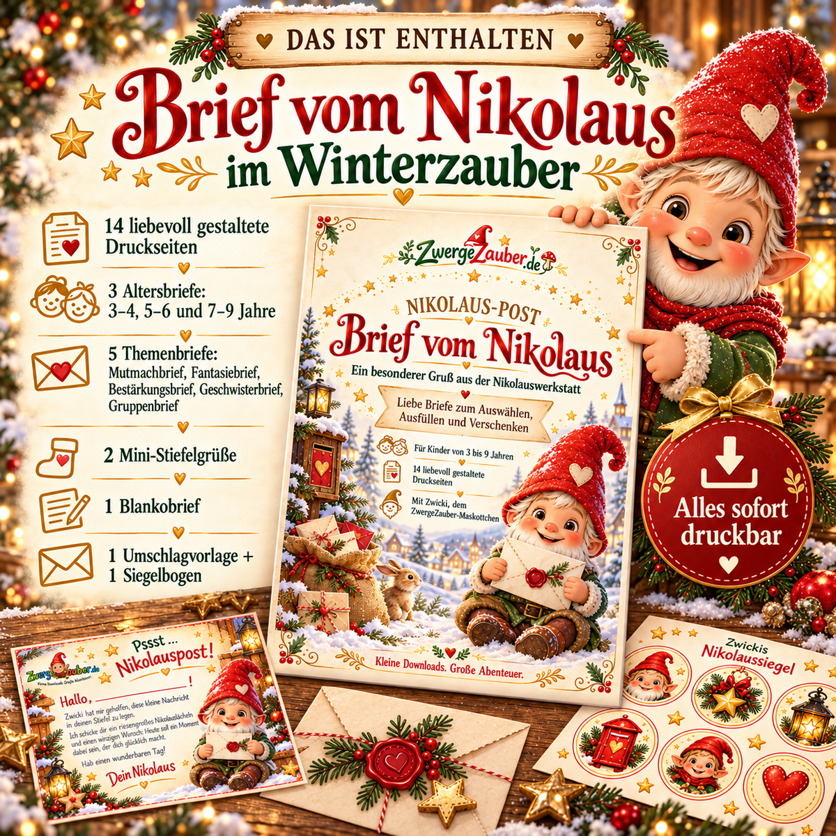 Inhalt des Nikolausbrief-Sets: altersgerechte und thematische Briefe, Mini-Stiefelgrüße, Blankobrief, Umschlagvorlage und Nikolaussiegel.