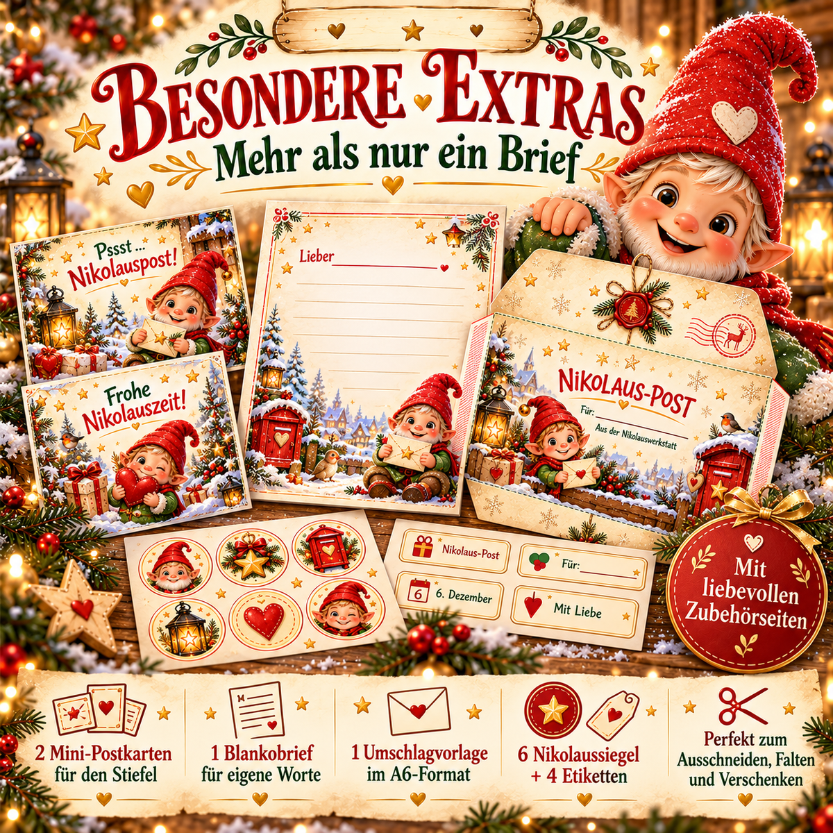 Besondere Extras der Nikolauspost: zwei Stiefelgrußkarten, beschreibbarer Nikolausbrief, faltbarer Umschlag sowie sechs Siegel und vier Etiketten.
