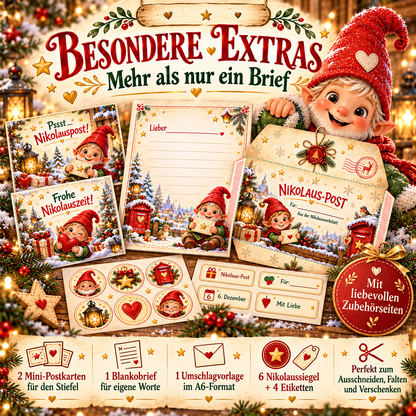 Besondere Extras der Nikolauspost: zwei Stiefelgrußkarten, beschreibbarer Nikolausbrief, faltbarer Umschlag sowie sechs Siegel und vier Etiketten.