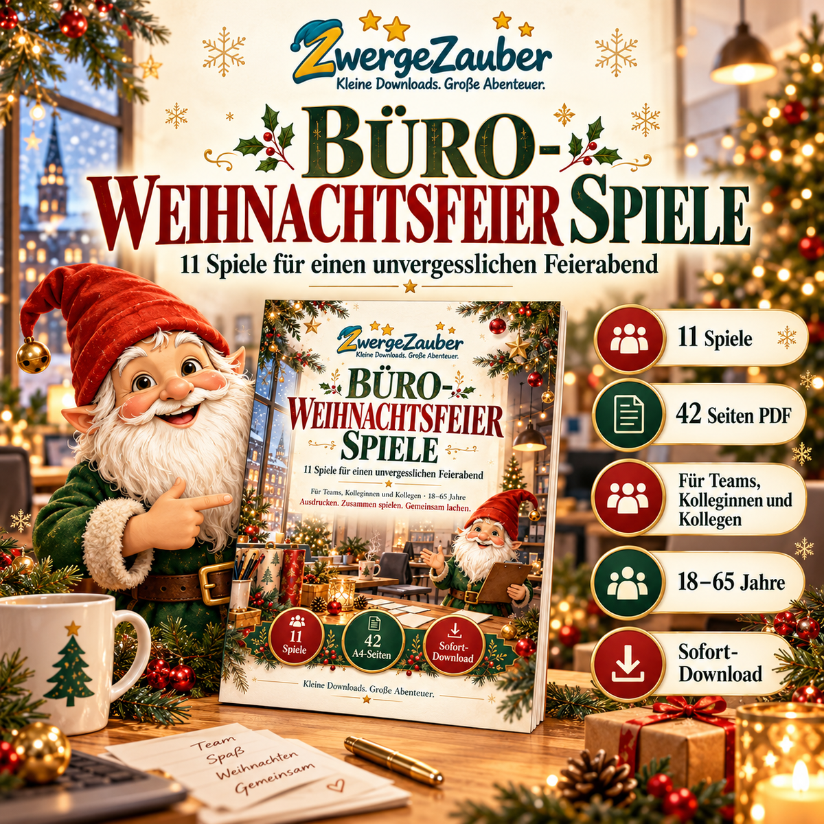 Büro-Weihnachtsfeier Spiele von ZwergeZauber mit Zwicki – 11 abwechslungsreiche Teamspiele auf 42 PDF-Seiten zum Ausdrucken.