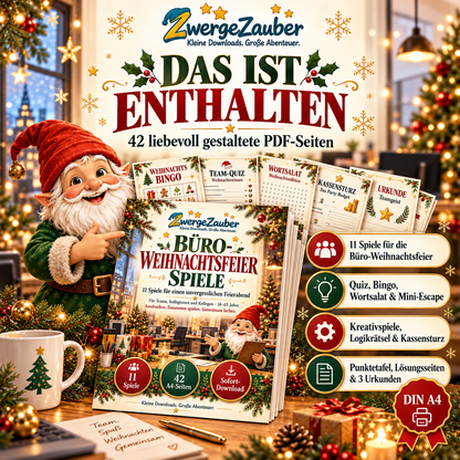 Inhalt des 42-seitigen Büro-Weihnachtsfeier-PDFs mit Weihnachtsquiz, Bingo, Wortsalat, Mini-Escape, Kreativspielen, Logikrätseln und Urkunden.