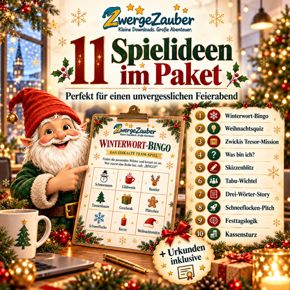 Zwicki präsentiert die 11 Büro-Weihnachtsfeier-Spiele mit Winterwort-Bingo, Weihnachtsquiz, Tresor-Mission, Skizzenblitz und weiteren Teamaufgaben.