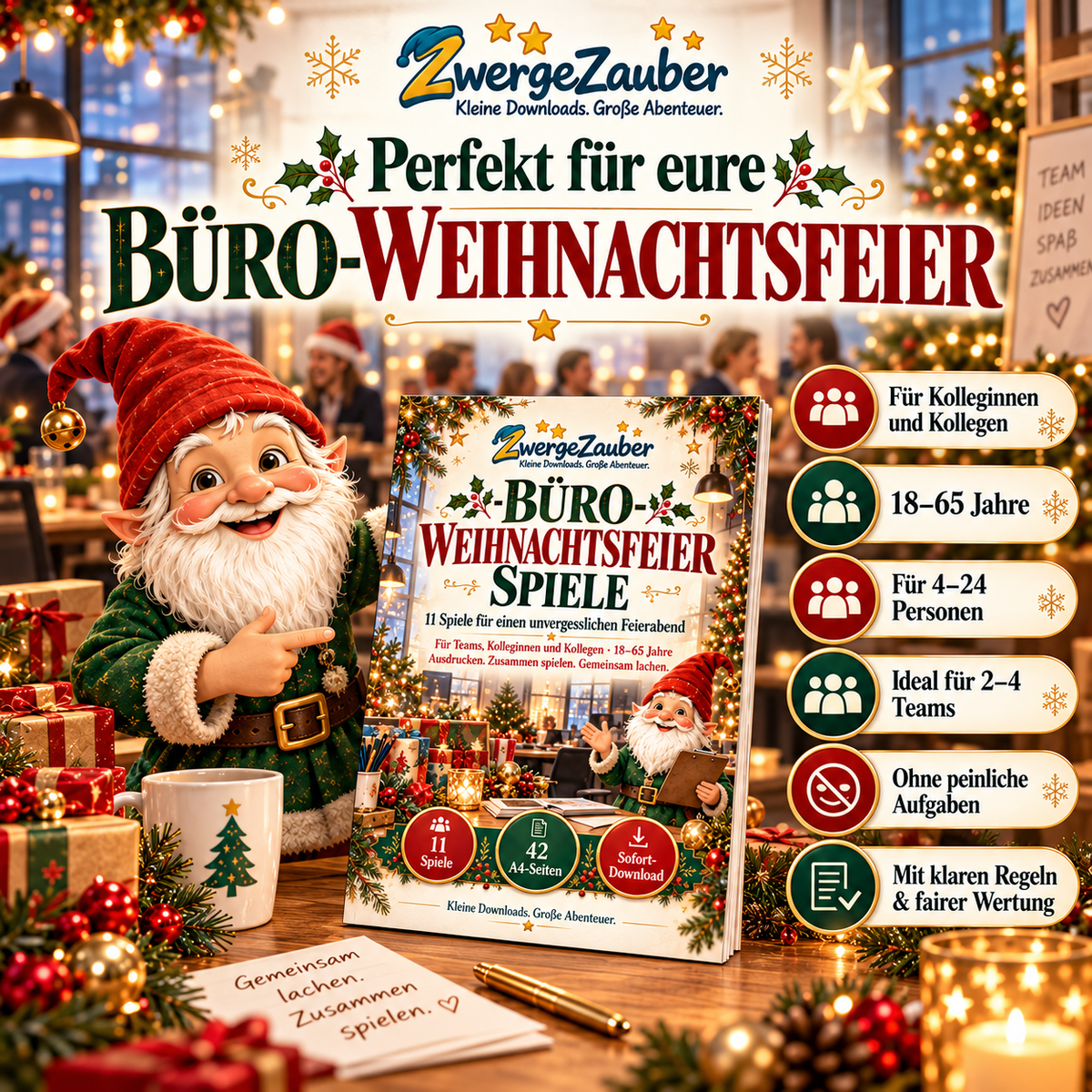 Weihnachtsfeier-Spiele für Erwachsene und Kollegen von 18 bis 65 Jahren – für 4 bis 24 Personen mit gemeinsamen Rätseln und Teamspielen.