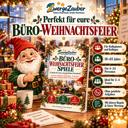 Weihnachtsfeier-Spiele für Erwachsene und Kollegen von 18 bis 65 Jahren – für 4 bis 24 Personen mit gemeinsamen Rätseln und Teamspielen.
