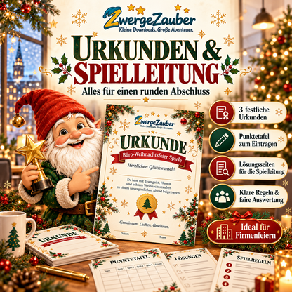 Drei festliche Weihnachtsfeier-Urkunden sowie Spielregeln, Punktetafel und Lösungsseiten für die Spielleitung im ZwergeZauber-PDF-Paket.