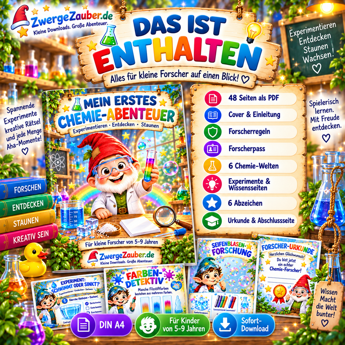 Das ist enthalten im ZwergeZauber Chemie-Abenteuer: 48 Seiten, Forscherregeln, Forscherpass, 6 Chemie-Welten, Experimente, Abzeichen und Urkunde