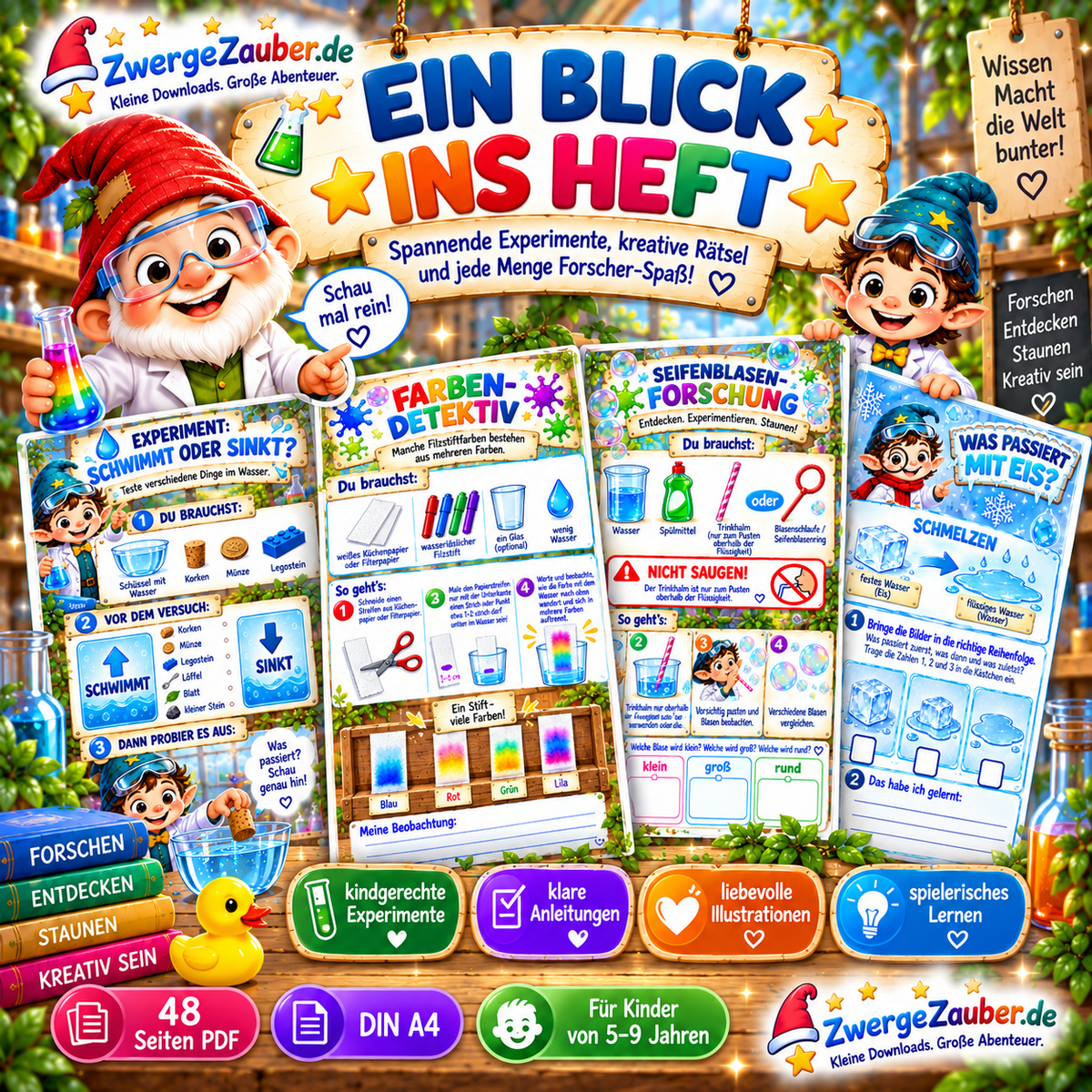 Einblick in das Chemie-Abenteuer für Kinder mit Schwimmen-und-Sinken-Experiment, Farben-Detektiv, Seifenblasen-Forschung und Eis-Experimenten