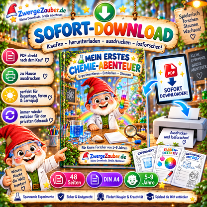Chemie-Abenteuer als digitaler Sofort-Download – 48 Seiten im DIN-A4-PDF zum Herunterladen, Ausdrucken und Experimentieren