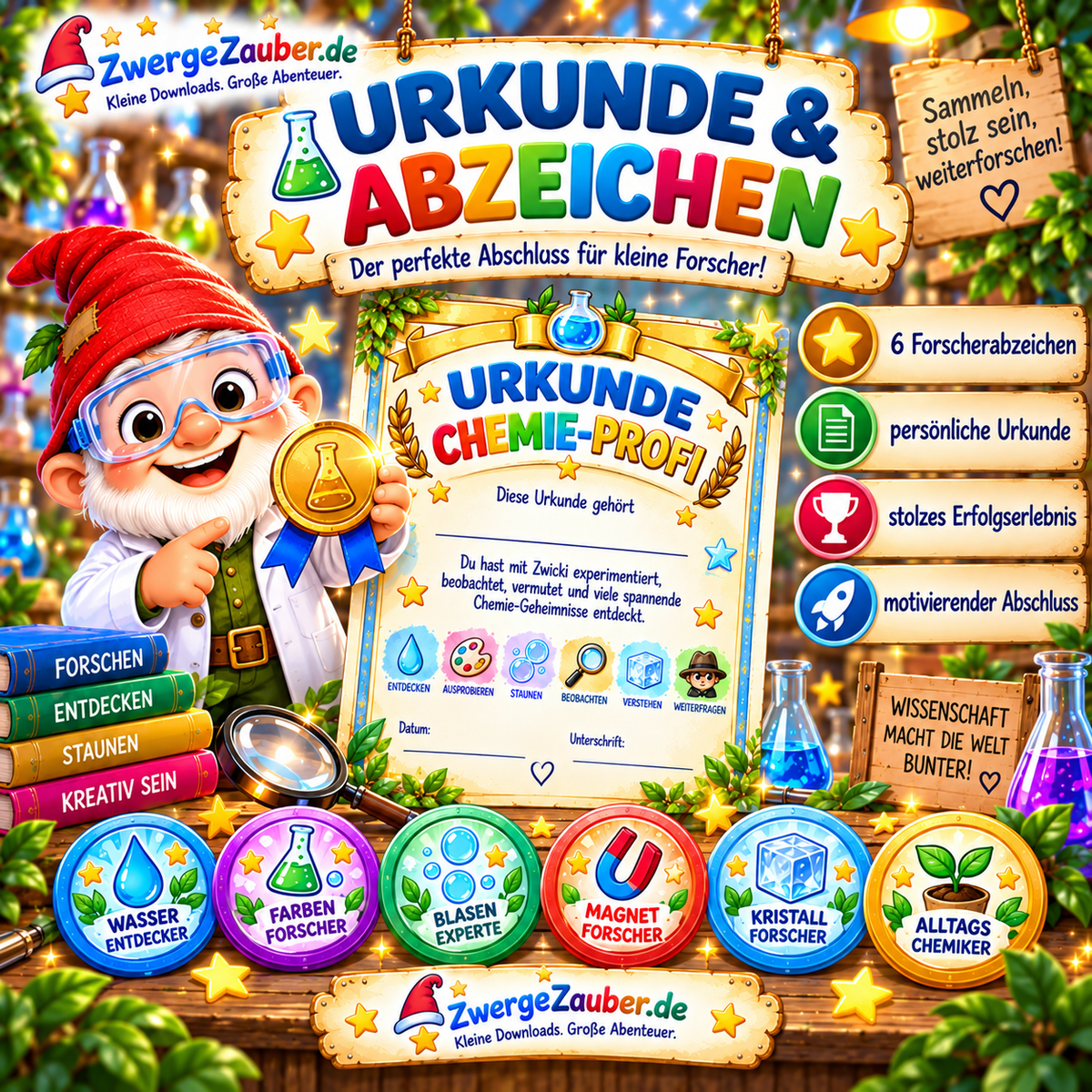Chemie-Profi-Urkunde und sechs Forscherabzeichen im ZwergeZauber Chemie-Abenteuer für kleine Forscher von 5–9 Jahren
